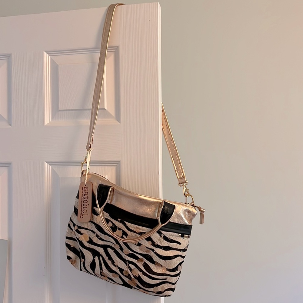 Satchel hand made genuine leather and zebra hide cross body